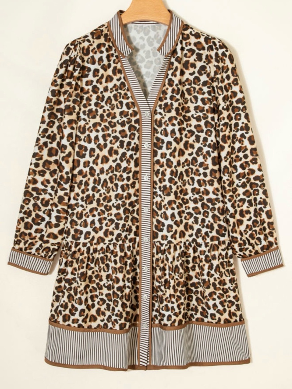 Leopard Print Button-Front Dress with Stripe Trim